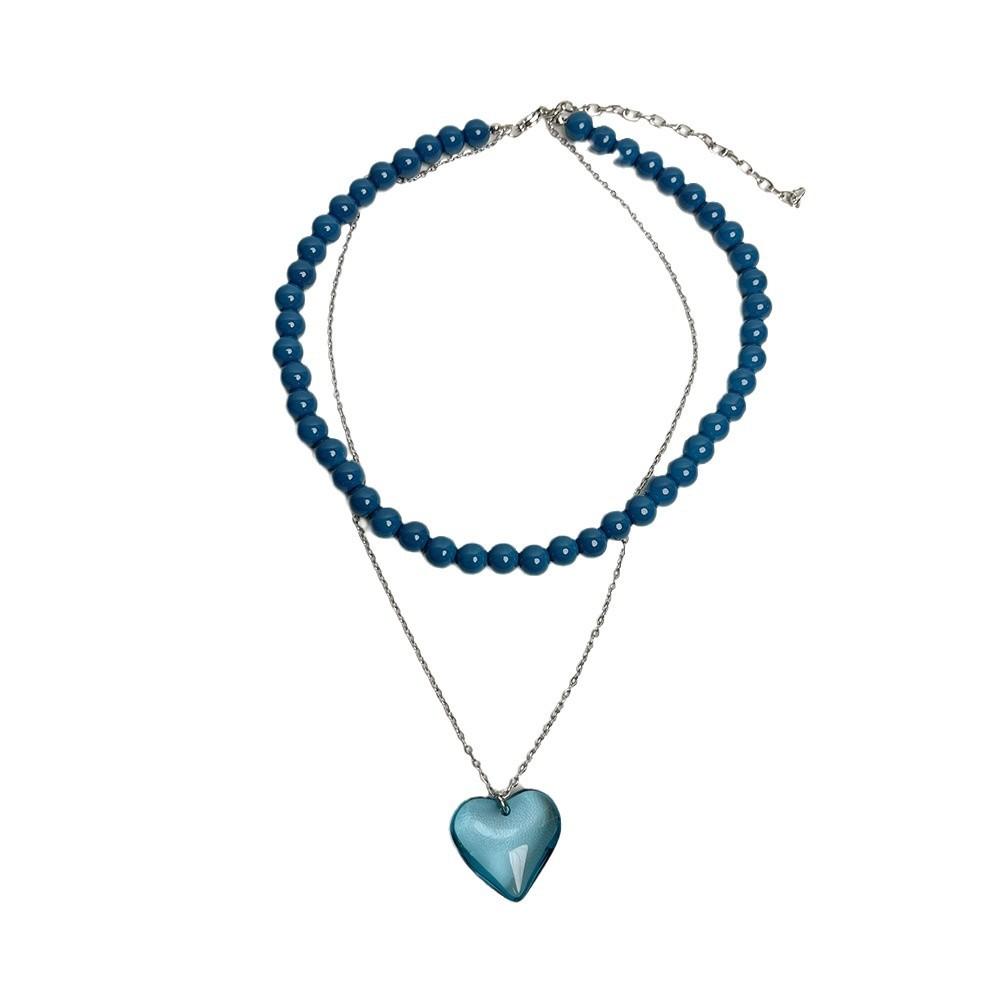 2026 New Blue Crystal Heart-shaped Bead Necklace for Women Long Layered Sweater Chain
