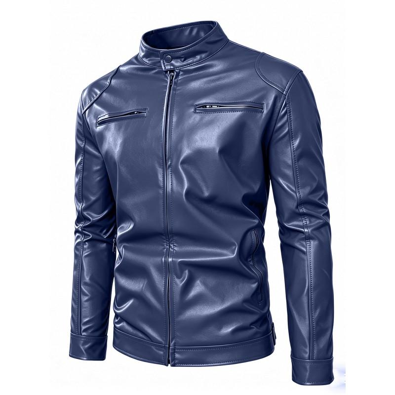 Mens PU Leather Biker Jacket Slim Fit Stand Collar Zipper Casual Streetwear 2026