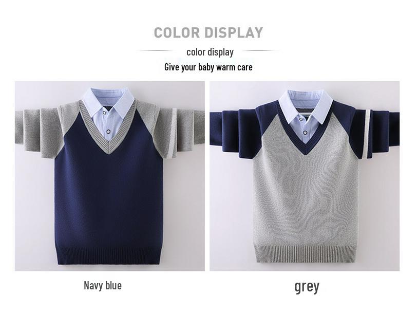 Вязаный свитер для мальчиков на флисовой подкладке: Плотный, Дизайн «Двойка» для Весны/Осени/Зимы