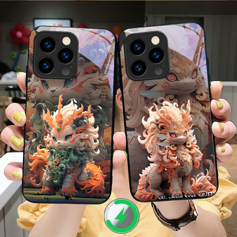 Кирин с развевающимися волосами Подходит для iPhone 16E 17 Pro Max 15 Pro 14 13 Plus 12 mini 11 16 Air 17Pro Магнитный Стеклянный Чехол для Телефона