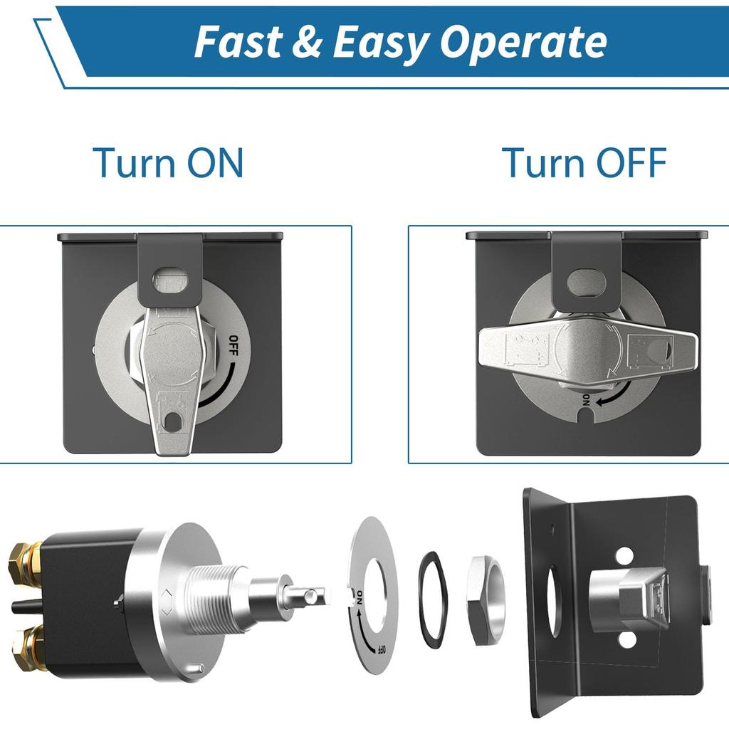 Главный выключатель-размыкатель аккумулятора 12-36 В, высокий ток до 500 А. Идеально подходит для автомобилей, грузовиков, автодомов, лодок и квадроциклов. Простое включение/выключение с помощью лицевой панели
