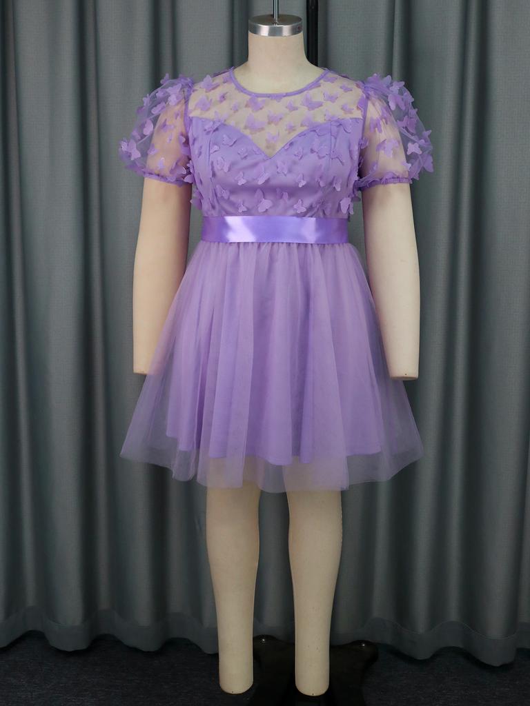 AOMEI Lavender Butterfly Dresses for Women O Neck Short Puff Sleeve Lovely Birthday Party Ball Gowns