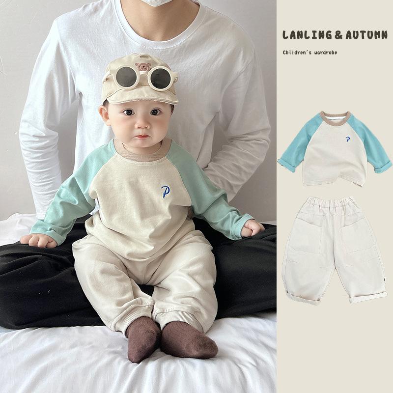 Baby Spring And Autumn Suit Super Cute Boy Baby Foreign Style Color Matching Shoulder Long Sleeve T-Shirt Children'S Casual Versatile Pants