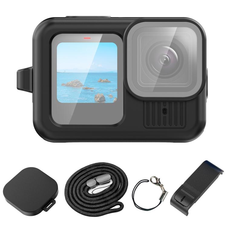 Для GoPro HERO13 Black PULUZ Силиконовый Защитный Чехол Боковая Крышка Интерфейса с Ремешком на Запястье и Крышкой для Объектива (черный)