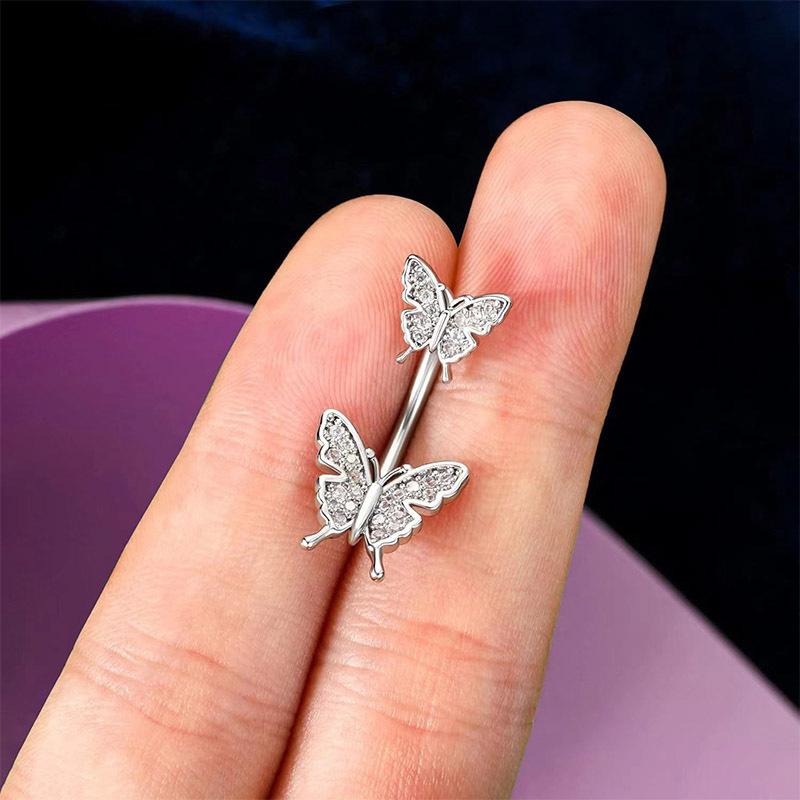 Stainless Steel Double Headed Butterfly Zircon Piercing Fake Belly Button Ring Body Jewelry For Women Ornaments