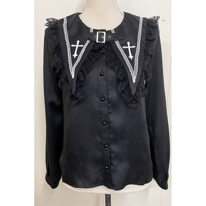 Victorian Gothic Lolita Blouses Japanese Sweet Lace Ruffles Embroidery Sailor Collar Shirt Women Punk Style Y2k Long Sleeve Tops