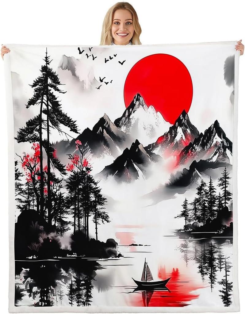 GUOYU Blanket Japanese Style Blankets and ThrowsCrane and Sun Blanket Throw for Kids AdultsCherry Blossom Fleece Blanket Oriental Painting