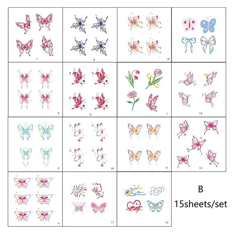 15 листов блестящих водостойких временных татуировок Dreamy Butterfly, долговечные водостойкие реалистичные поддельные татуировки, наклейки на палец