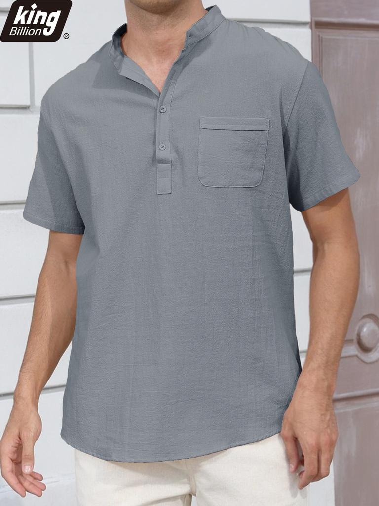 Летняя новая мужская легкая хлопково-льняная футболка с коротким рукавом и вырезом хенли - Дышащие повседневные однотонные топы, футболки базового стиля