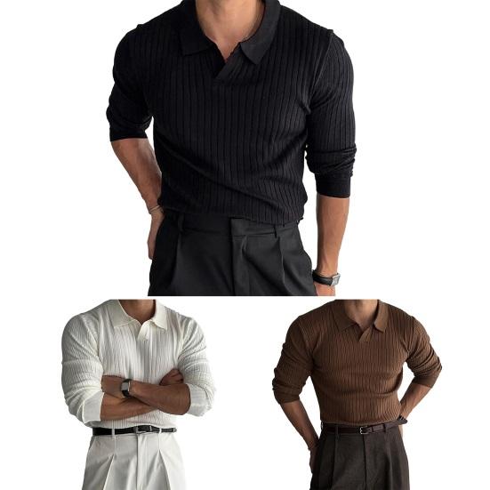 Весна Осень Мужской Верхний Трикотажный Нитка Slim Fit Пуловер Отложной Воротник Длинные Рукава Эластичный Чистый Цвет