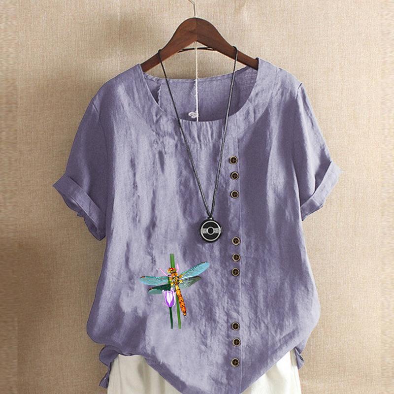 Women's Fashion Round Neck Short Sleeve T-shirt Casual Cotton Linen Graphic Shirt Leisure Loose Dragonfly Prined Summer Blouse Tops