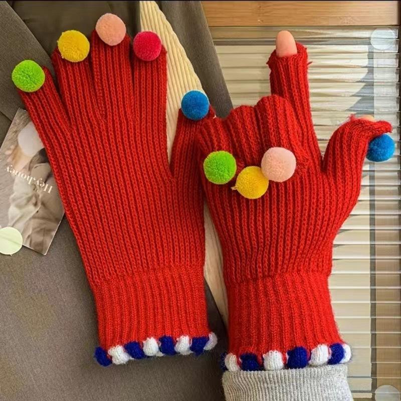 Зимние цветные вязаные перчатки для женщин Перчатки для сенсорных экранов Теплые вязаные перчатки с помпоном для улицы и дома с мягкой эластичной подкладкой для женщин
