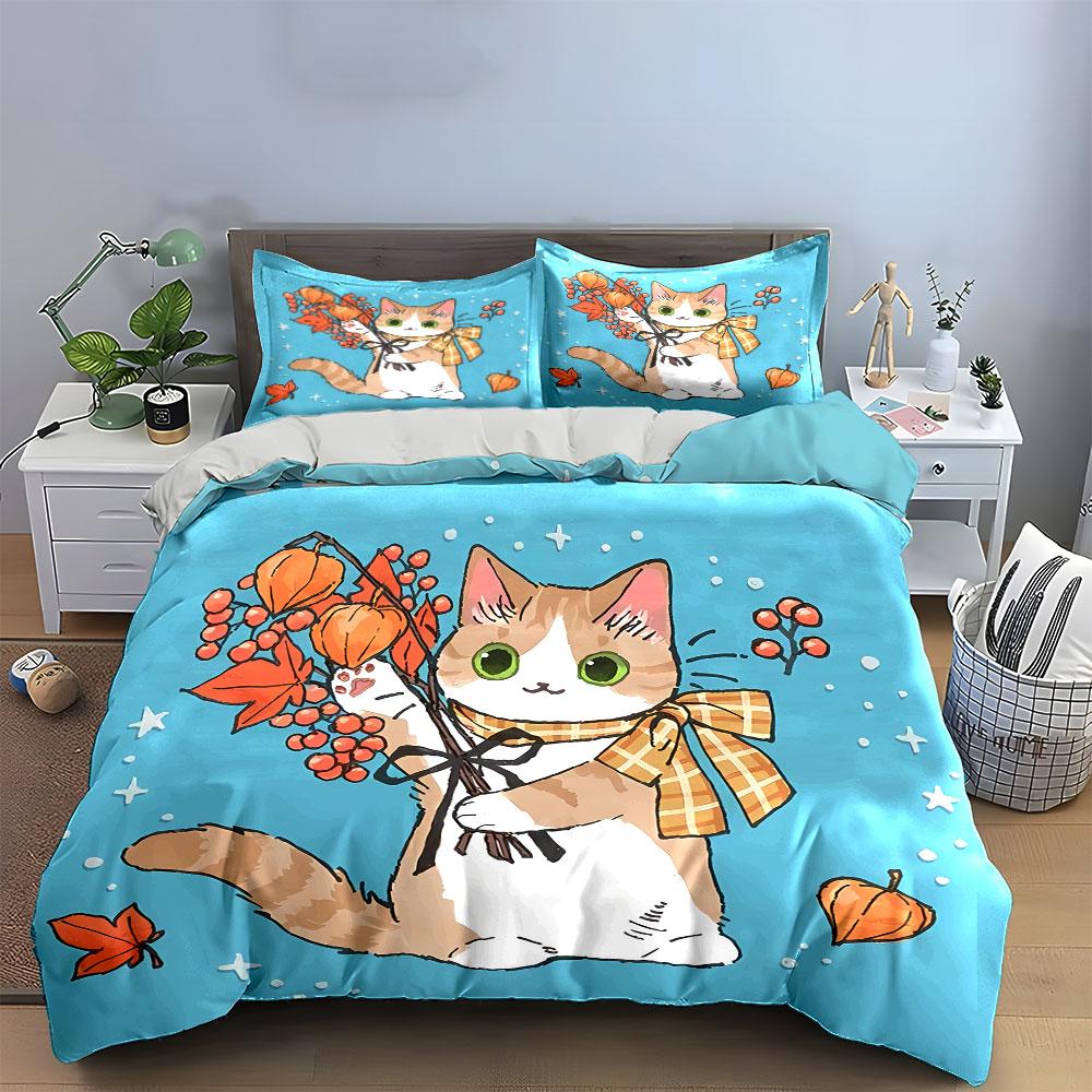 Autumn Cat with Scarf and Leaves Bedding Duvet Cover Set Duvet Cover Pillowcases (1*Duvet Cover 2*Pillowcases, without duvet insert)
