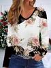 3D Flower Printed Fashion Casual Women's V-Neck Long Sleeve T-Shirt - New Year Party Clothing Holiday Gift