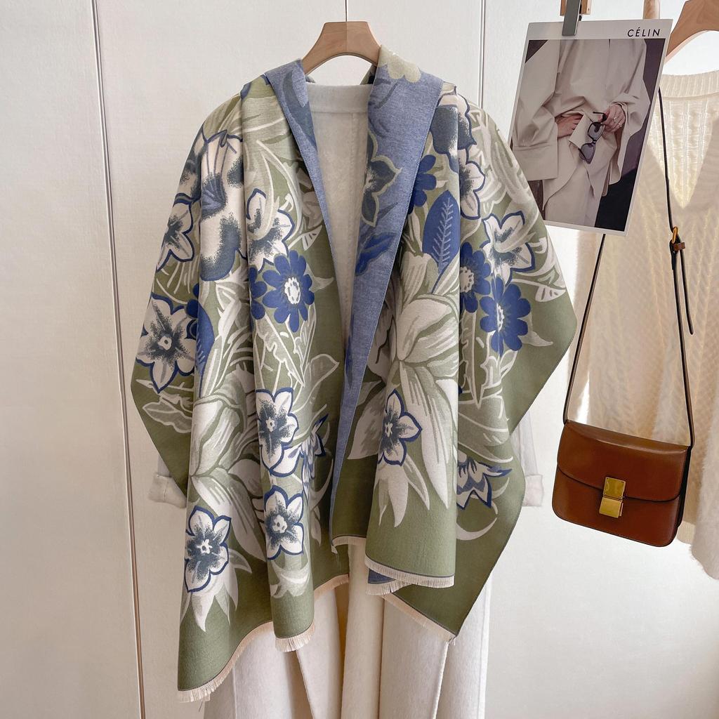 Double-Sided Imitation Cashmere Printed Scarf Women'S Warm Thickened Fringed Scarf Flower Blooming Rich Long Fashion Versatile Shawl