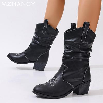 Модные женские сапоги на высоком каблуке до середины голени, дизайнерские массивные туфли из кожи, женские туфли-лодочки 2024 года, зимние элегантные туфли-лодочки Chelsea Botas Mujer