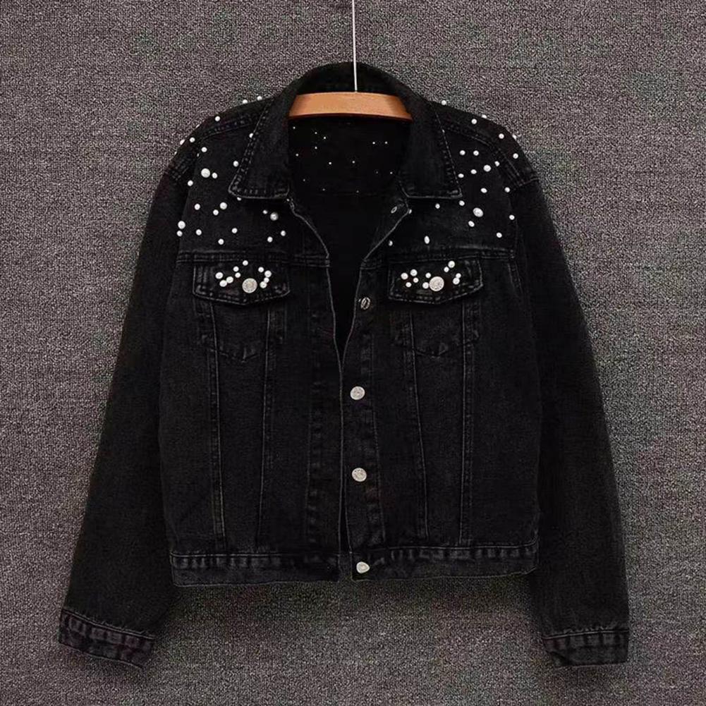 Female Jacket Stylish Winter Female's Denim Coat with Bead Decor Plus Size Long Sleeves Turn-down Collar Casual Streetwear Jac Practical Use