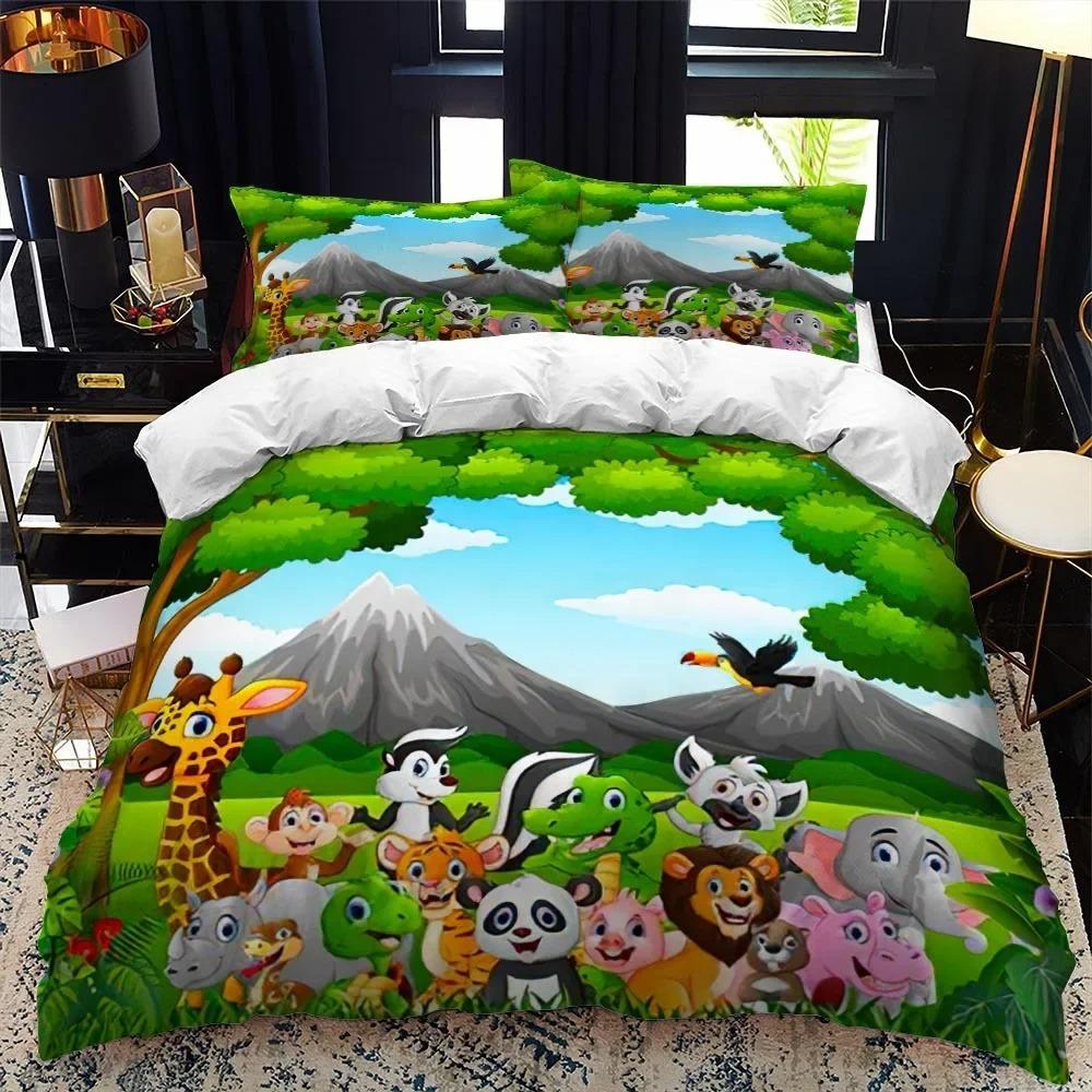 Cartoon Animal Duvet Cover King Queen Zoo Tiger Elephant Lion Bedding Set Kids Colorful Wildlife 2/3pcs Polyester Quilt Cover