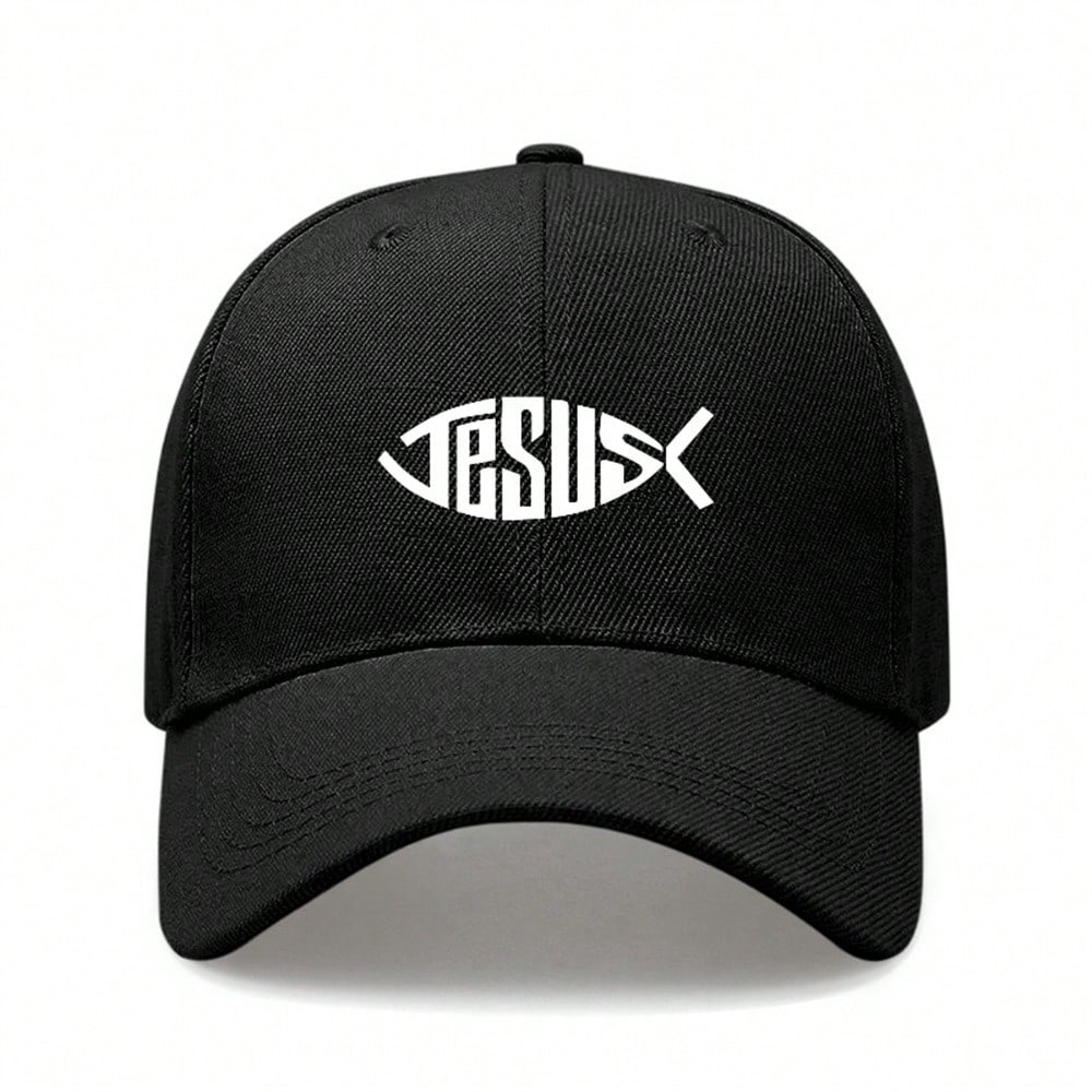 [Religious Baseball Cap] Jesus Fish Print Black Unisex Adjustable Lightweight Curved Brim Casual Daily Wear Polyester - Dad Hat