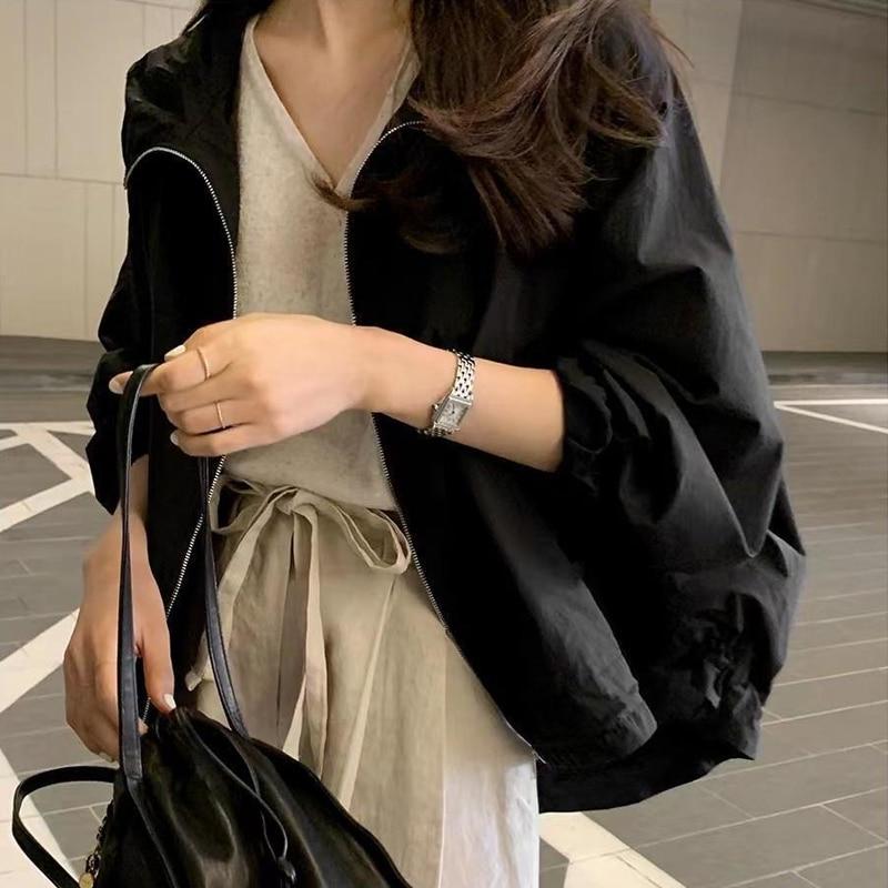 Летняя солнцезащитная укороченная куртка с капюшоном, женская 2023, повседневное пальто на молнии, легкая тонкая рубашка с длинными рукавами, женская свободная одежда 27234