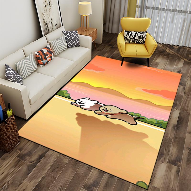 Cute Cartoon Dogs Running Sunset Scene Decorative Living Room Carpet Suitable for use as an anti-slip for living room bedroom sofas