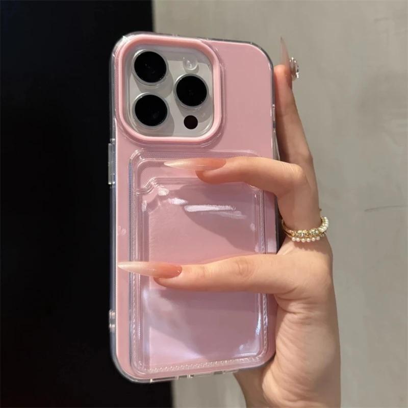 2-в-1 Держатель для карт Кошелек с отделениями Po Pocket Прозрачный Чехол Конфетного Цвета Для iPhone 16 15 14 13 12 11 16Pro Max Ударопрочный Чехол из TPU+PC