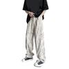 Men Pants Elastic Waist Adjustable Drawstring Wide Leg Casual Trousers with Pockets Letter Print Corduroy Pants