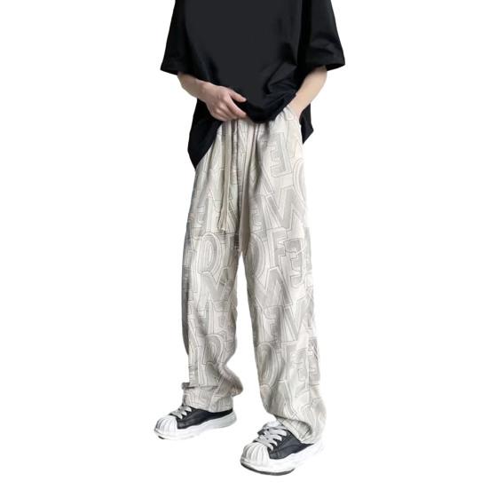 Men Pants Elastic Waist Adjustable Drawstring Wide Leg Casual Trousers with Pockets Letter Print Corduroy Pants