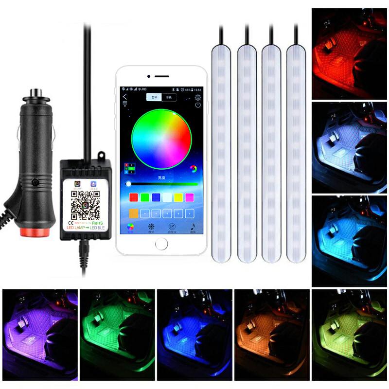 Автомобильный светодиодный атмосферный светильник для ног RGB Музыка Голосовое управление Приложение USB-прикуриватель Пульт дистанционного управления Интерьер Декоративный