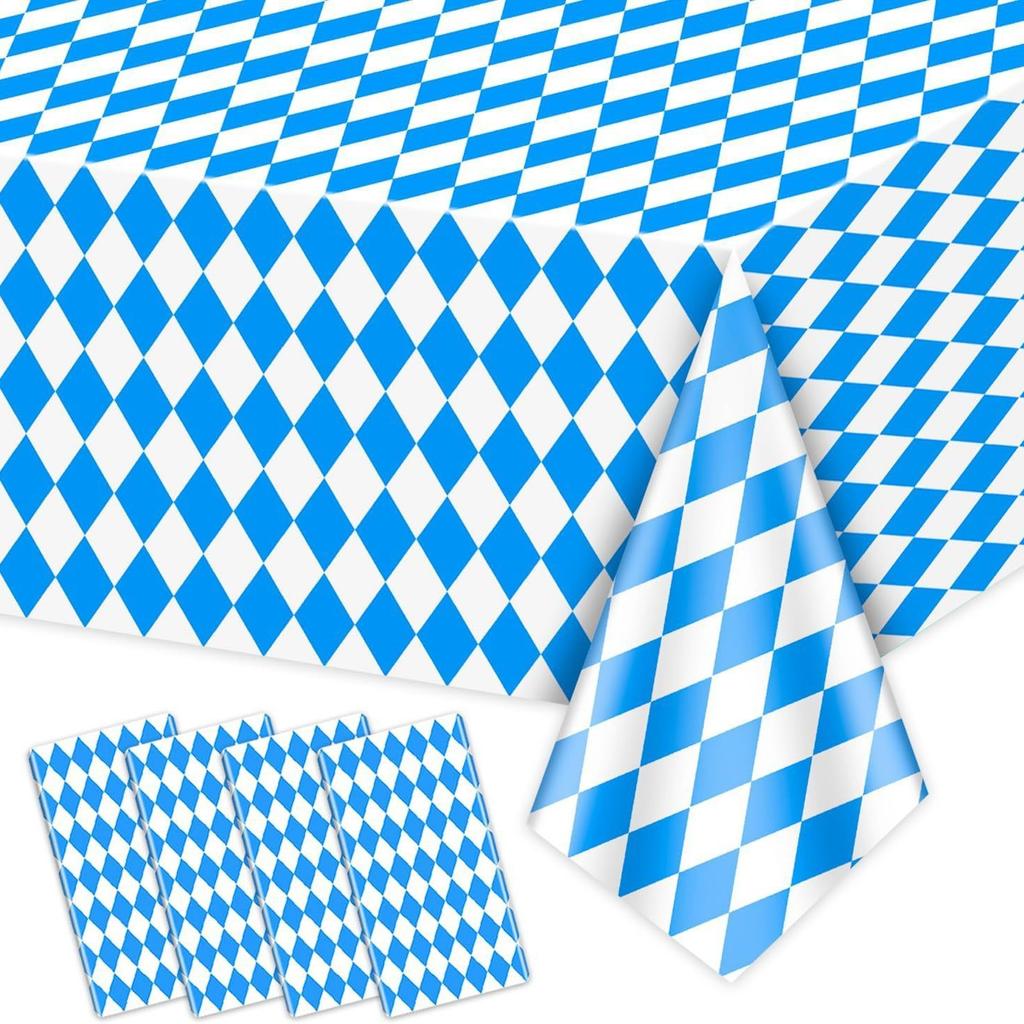 Blue Checkered Oktoberfest Party Tablecloth Munich Beer Festival Decorative Disposable PE Plastic Table Cover Waterproof Oil-Proof for Outdoor Party