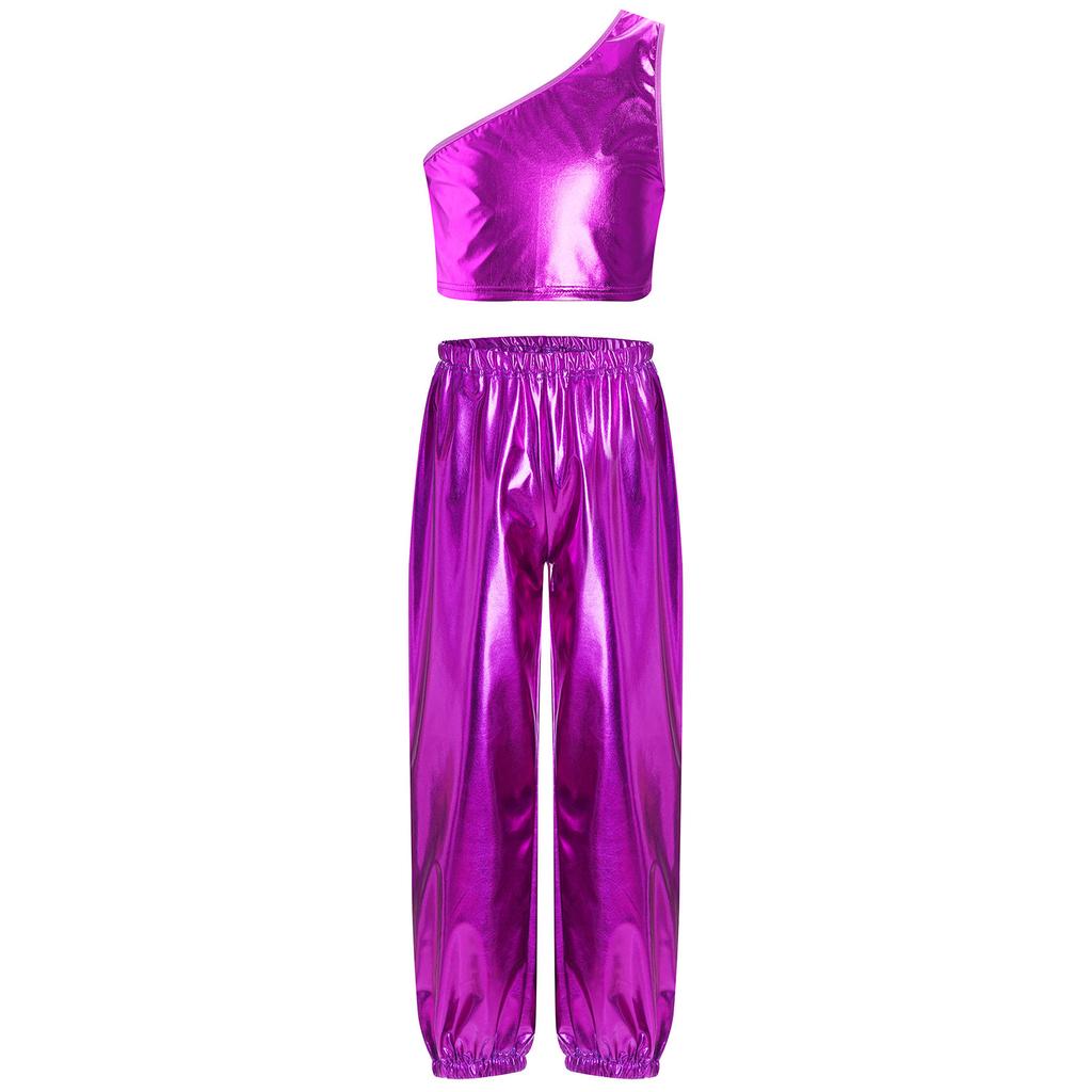 Girls Party Performance Outfit One Shoulder Sleeveless Metallic Vest Shiny Pants Dance Costume Stage Set