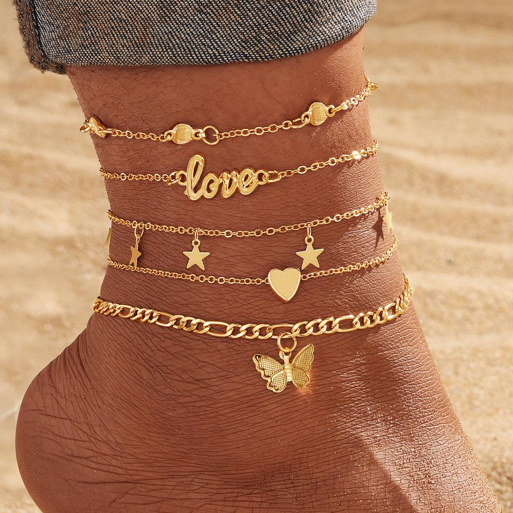 European and American five-pointed star butterflies LOVE Ankle bracelet5Set of vintage metal fashion layered anklets