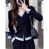Осень Зима V-образный вырез Ложный костюм-двойка Пуговицы Вязаное пальто Женский Повседневный Универсальный Кардиган Свитер Топ