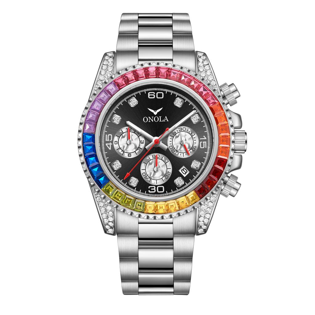 ONOLA Rainbow Crystal Bracelet Watch Dial Stainless Steel Strap Waterproof Luxury Sports Quartz Watch