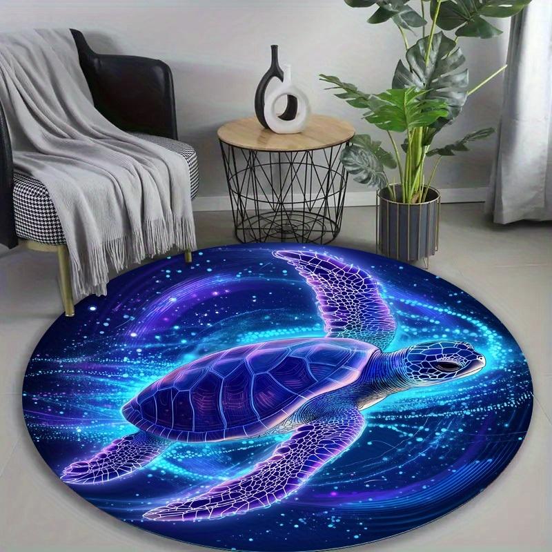 Neon Sea Turtle Round Rug Galaxy Space Design Glowing Effect Soft Flannel Floor Mat for Teen Room Gaming Setup Modern Decoration