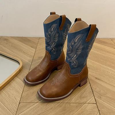 Те же ретро вышитые ботинки Мартин для женщин, но женские рыцарские ботинки до середины колена, панк вестерн ковбойские ботинки для женщин