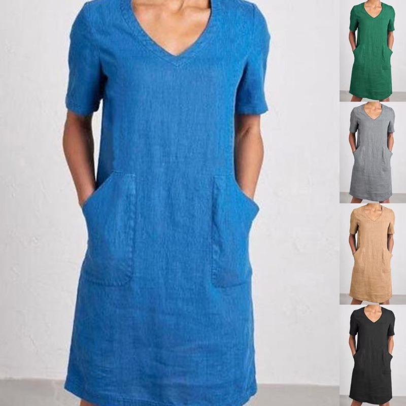 Летнее Новое Женское Модное Ретро Платье из Хлопка и Льна с Коротким Рукавом