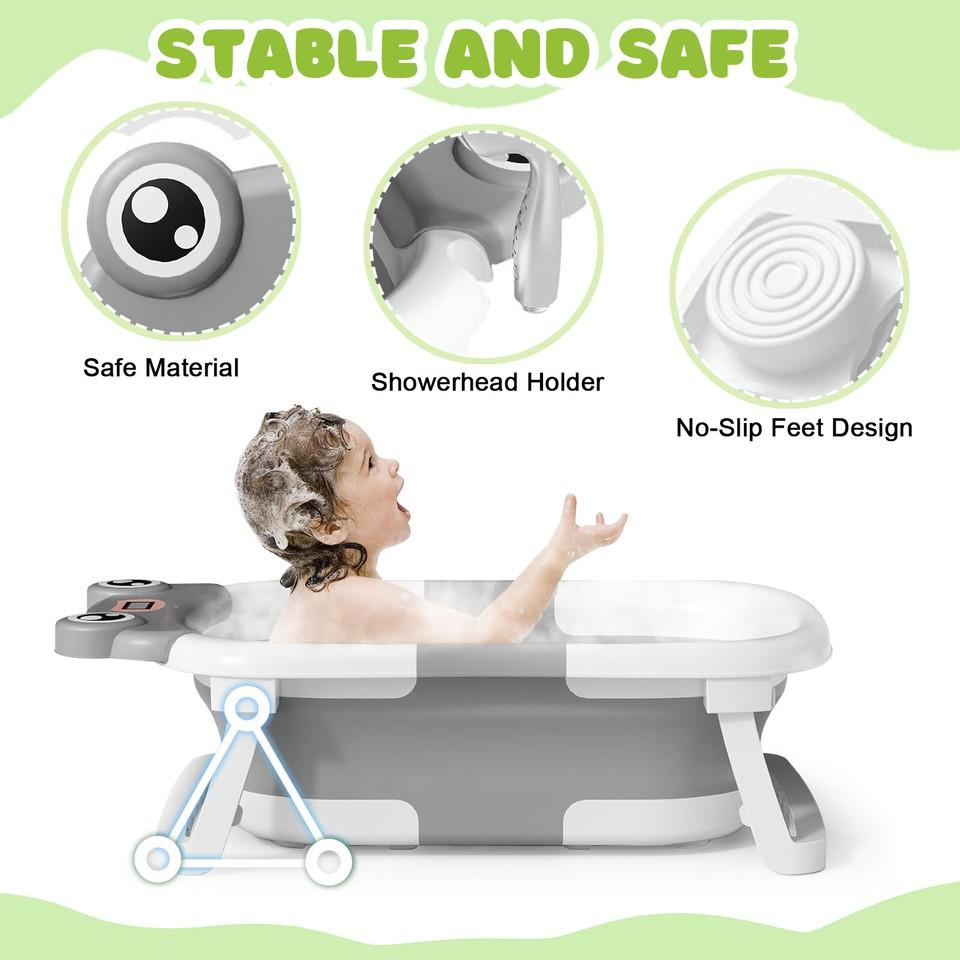 Foldable Baby Bath Tub Ergonomic With Temperature & Cushion Bath Pad + Bath Net