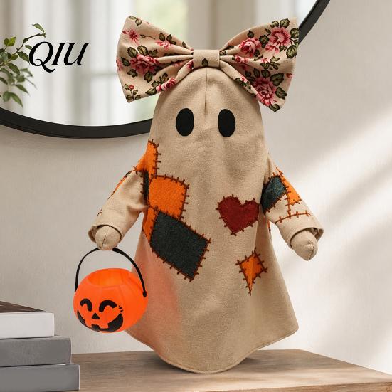 Autumn Home Decoration Light Lighted Vintage Patchwork Ghost, Halloween Up Quilted Ghost Doll with Pumpkin Fabric Ornament Lantern, Rustic Farmhouse