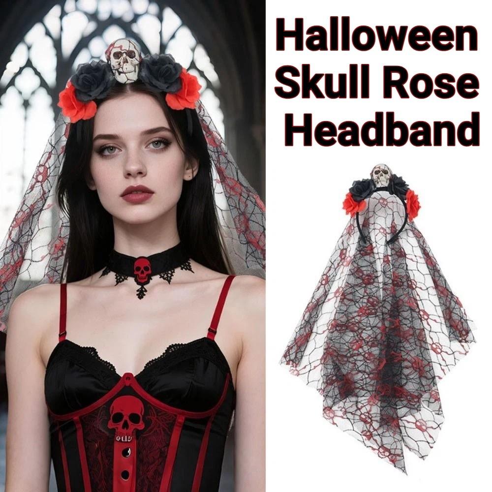 Simulation Rose Skull Mesh Veil Hairband Gothic Halloween Rose Headband Women Accessories