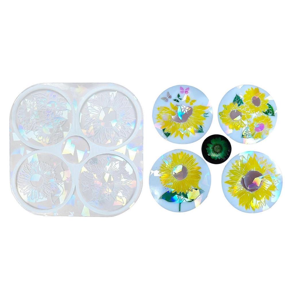 Holographic Resin Coaster Mold Flower Pattern Coaster Moulds Resin Casting Coaster Mold Silicone Molds for Hand Making Clear