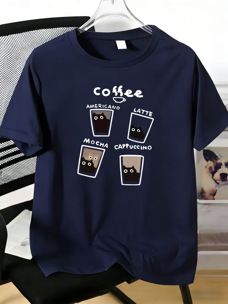 Unisex Round Neck Cotton Tee Funny Coffee Cup Black Cat Graphic Short Sleeve Summer Trendy Daily Casual Loose Fit Streetwear Top