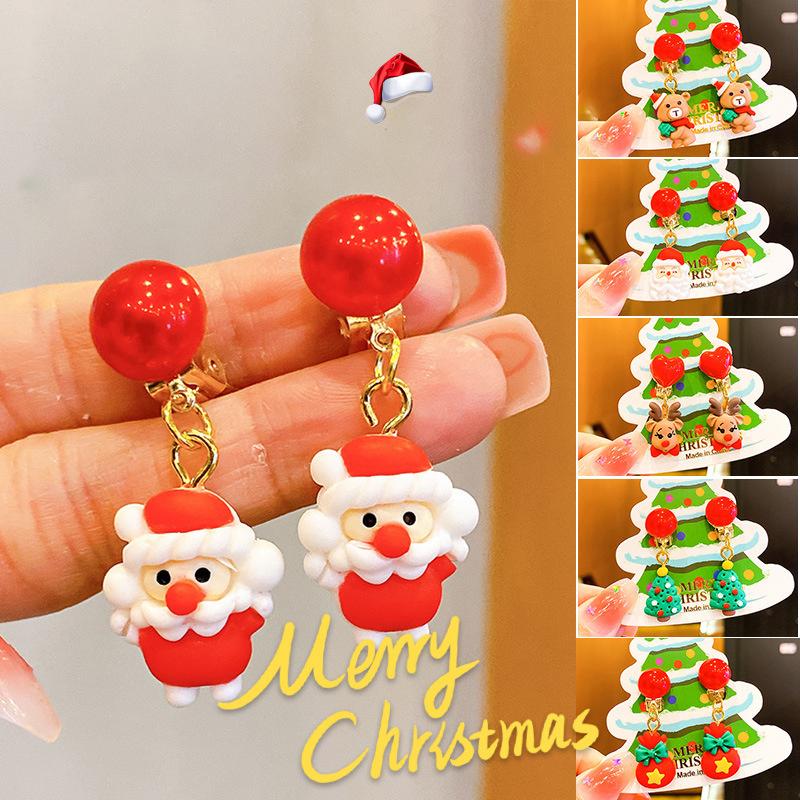 Рождественские детские серьги-клипсы без пирсинга, милые серьги с бахромой в виде оленя из мультфильма «Санта», серьги-подвески для девочек