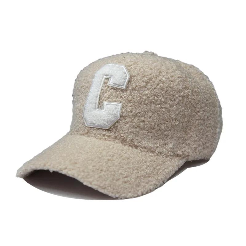 Мужские и женские зимние бейсболки с вышивкой в ​​виде буквы C, шапки Snapback из овечьей шерсти, короткая кепка с козырьком для женщин и мужчин