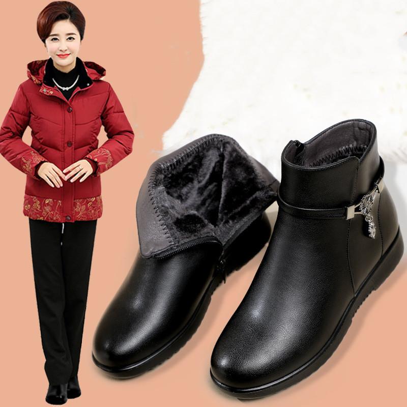 High Quality Winter Genuine Leather Women Flat Ankle Boots Women Thick Plush Warm Snow Boots Mother Non-slip Cotton Shoes