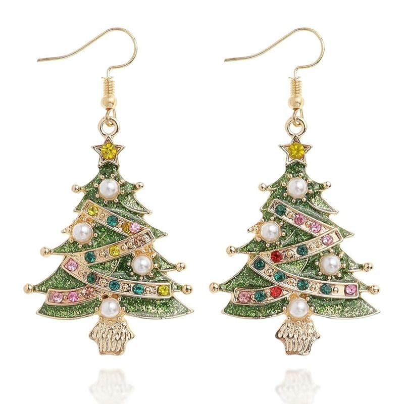 Women Dangle Earrings Green Enamel Christmas Tree Multicolor Rhinestone Pearl Decor Xmas Festival Party Jewelry Gift