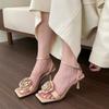Fashion Stiletto Sandals Summer New Fashion Flowers Square Toe One Strap with Skirt Non-slip Temperament High Heels Women