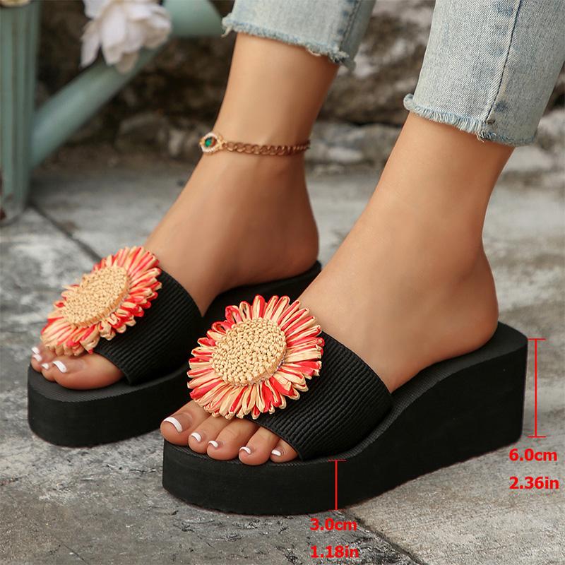 Fashion Sunflower Wedges Sandals for Women Plus Size Thick Sole Non Slip Slippers Woman Summer Light Comfort Chunky Platform Slippers