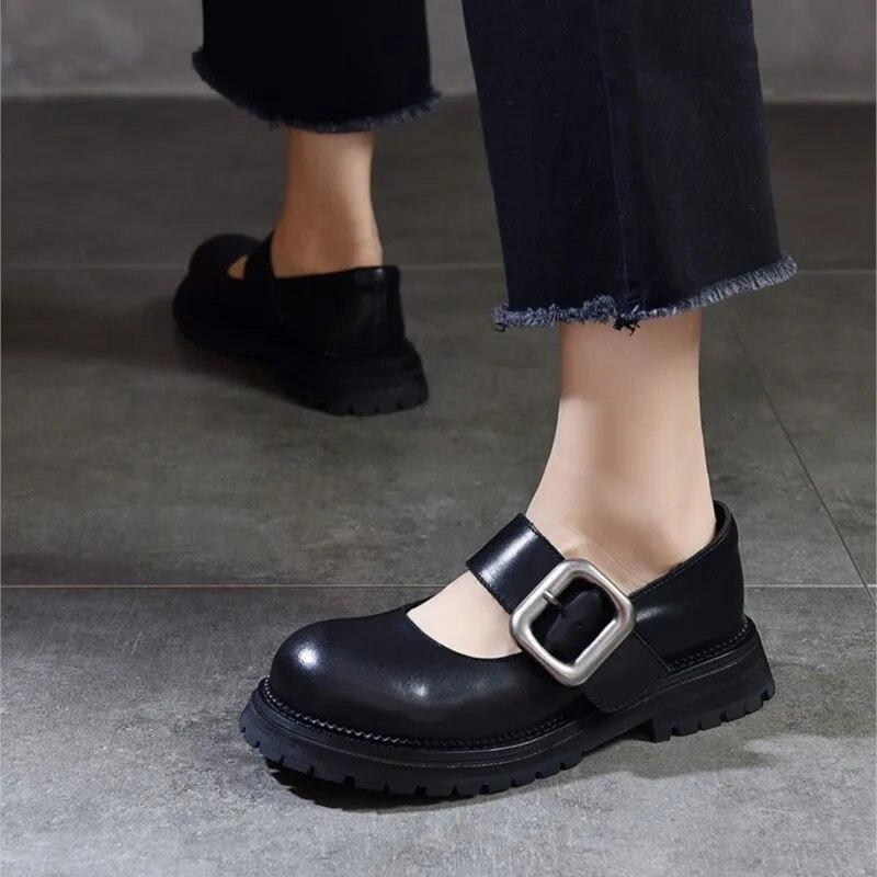 Johnature Модные универсальные туфли Мэри Джейн с металлической пряжкой и круглым носком на толстой подошве, женская обувь из натуральной кожи