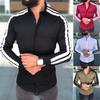 Long Sleeve Turn-down Collar Men Shirt Button Cuffs Side Striped Slim Office Shirt Leisure Clothing